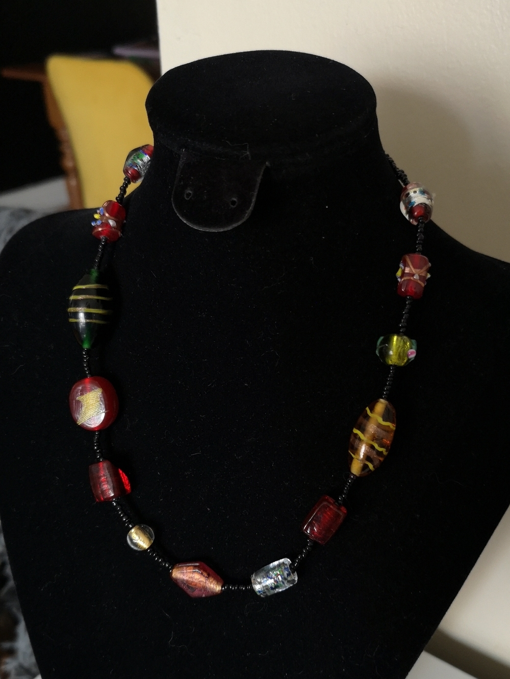 Beautiful Estate Necklace Multi-coloured Glass & Black Beads Adjustable Clasp